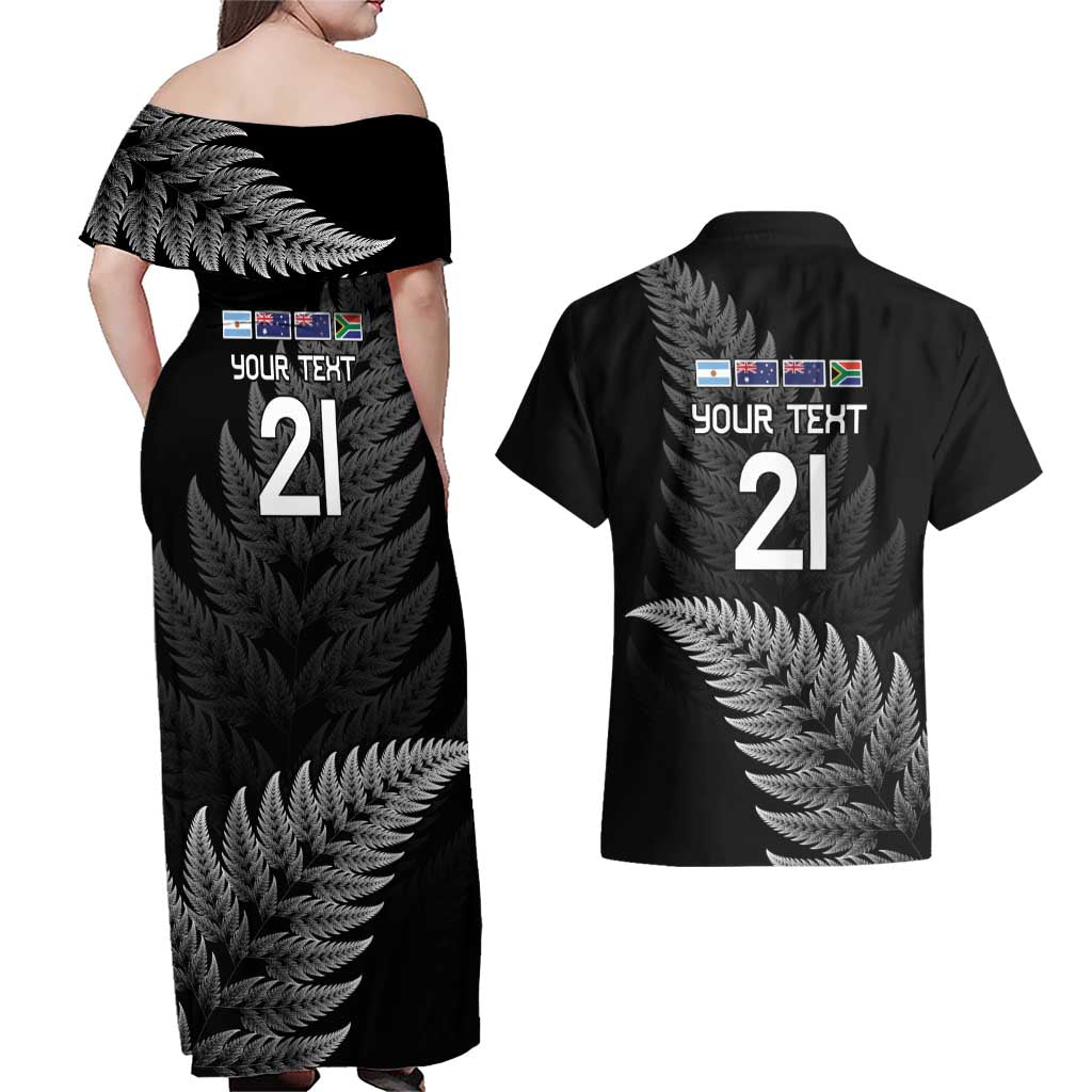 New Zealand Rugby Custom Couples Matching Off Shoulder Maxi Dress and Hawaiian Shirt Glory Be To Black Silver-fern LT9 - Polynesian Pride