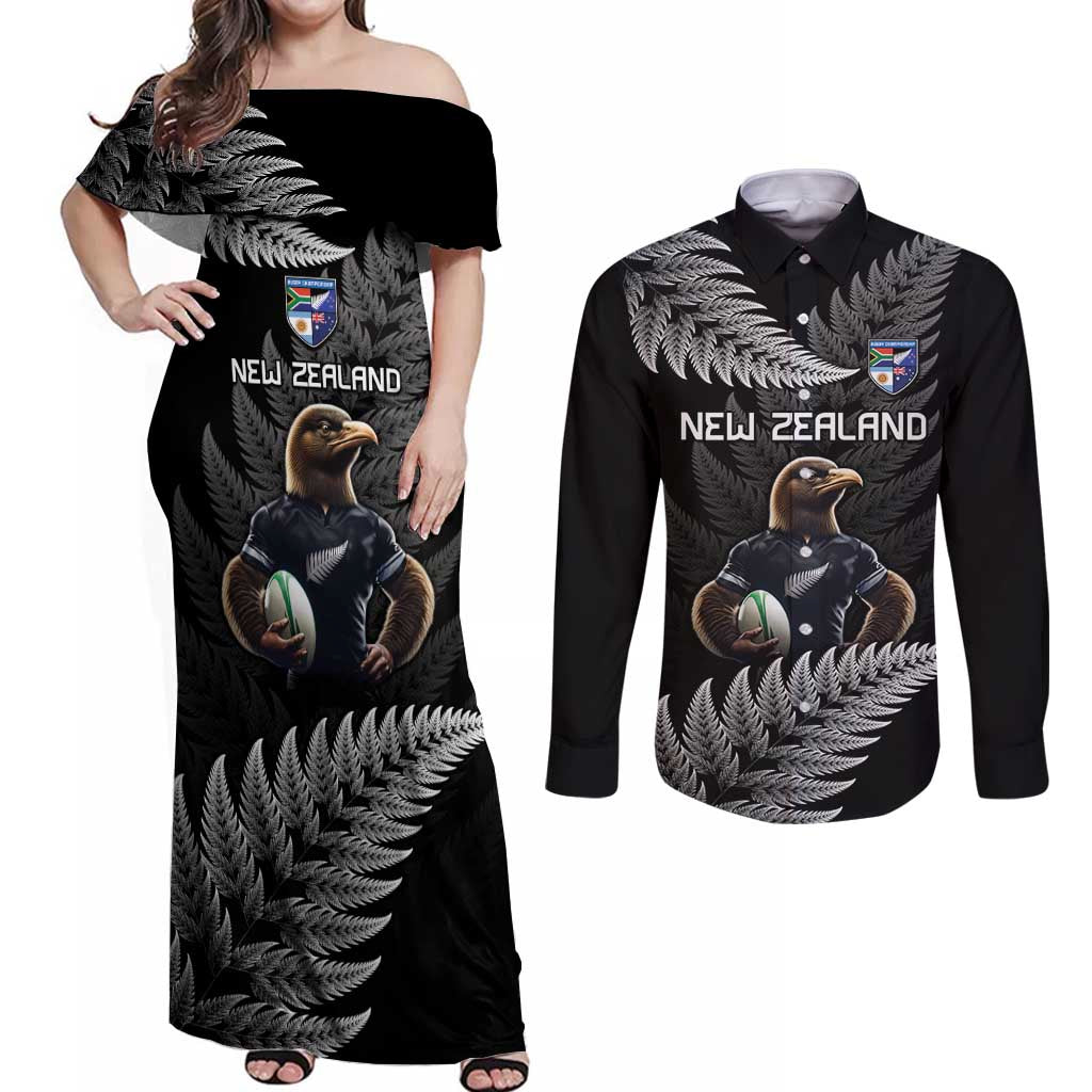 New Zealand Rugby Custom Couples Matching Off Shoulder Maxi Dress and Long Sleeve Button Shirt Glory Be To Black Silver-fern LT9 Black - Polynesian Pride