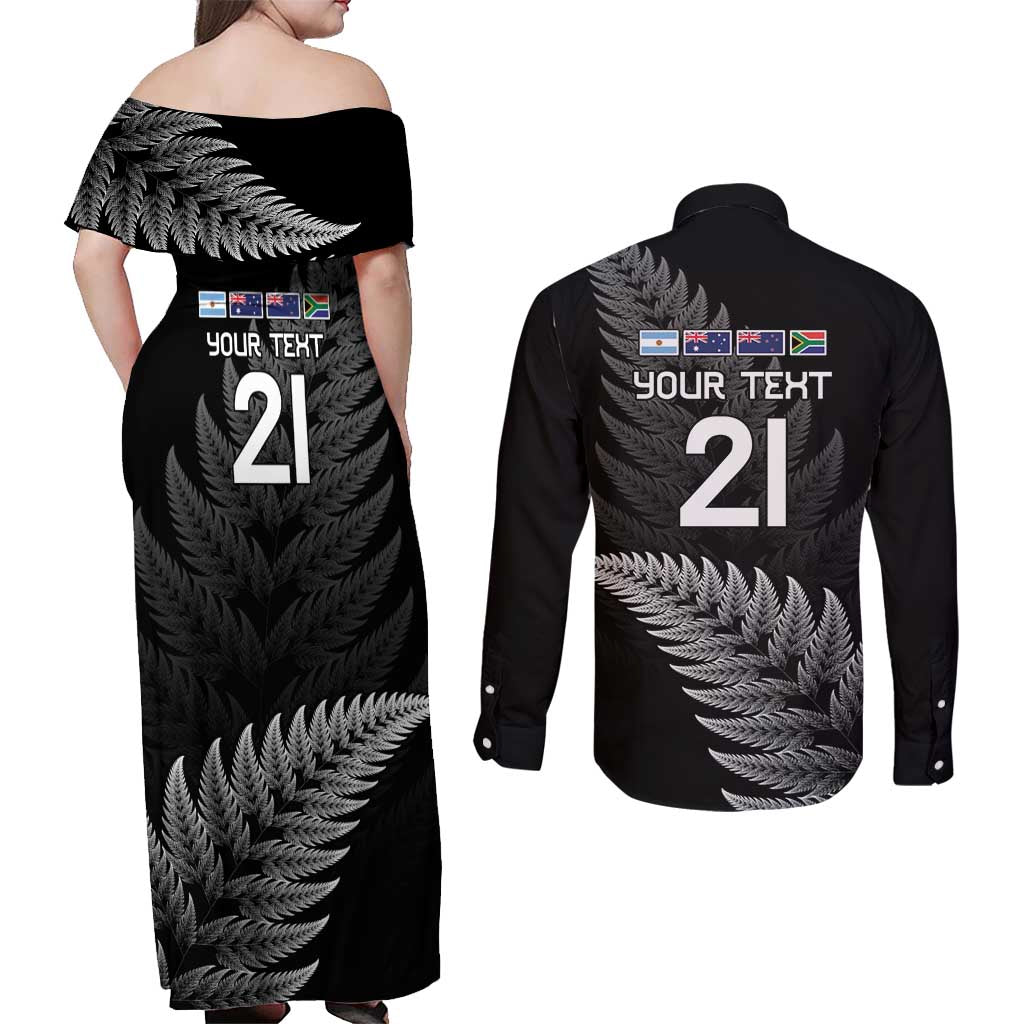 New Zealand Rugby Custom Couples Matching Off Shoulder Maxi Dress and Long Sleeve Button Shirt Glory Be To Black Silver-fern LT9 - Polynesian Pride