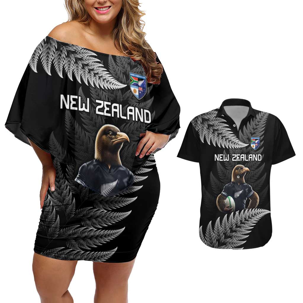 New Zealand Rugby Custom Couples Matching Off Shoulder Short Dress and Hawaiian Shirt Glory Be To Black Silver-fern LT9 Black - Polynesian Pride
