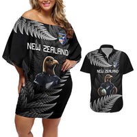 New Zealand Rugby Custom Couples Matching Off Shoulder Short Dress and Hawaiian Shirt Glory Be To Black Silver-fern LT9 Black - Polynesian Pride