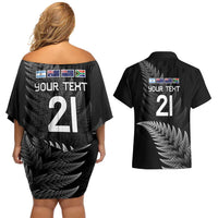 New Zealand Rugby Custom Couples Matching Off Shoulder Short Dress and Hawaiian Shirt Glory Be To Black Silver-fern LT9 - Polynesian Pride
