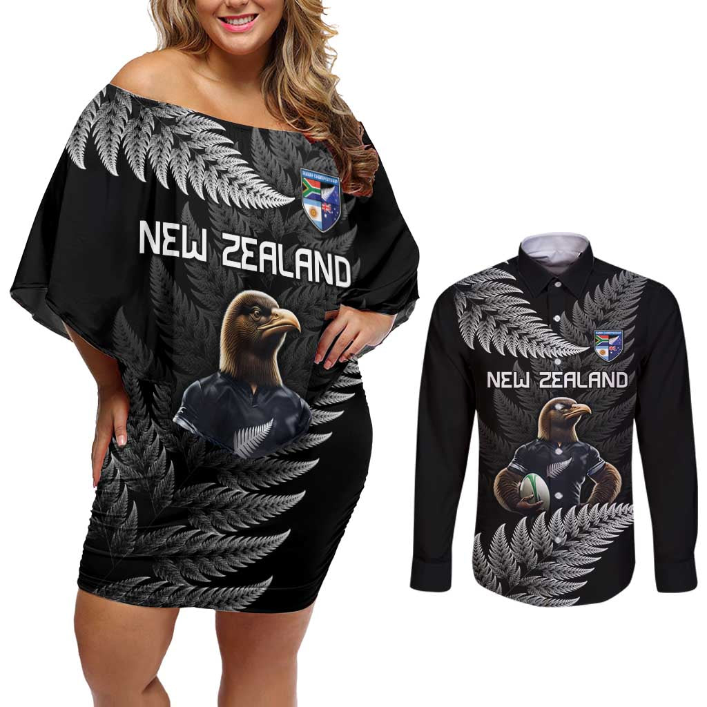New Zealand Rugby Custom Couples Matching Off Shoulder Short Dress and Long Sleeve Button Shirt Glory Be To Black Silver-fern LT9 Black - Polynesian Pride
