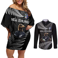 New Zealand Rugby Custom Couples Matching Off Shoulder Short Dress and Long Sleeve Button Shirt Glory Be To Black Silver-fern LT9 Black - Polynesian Pride