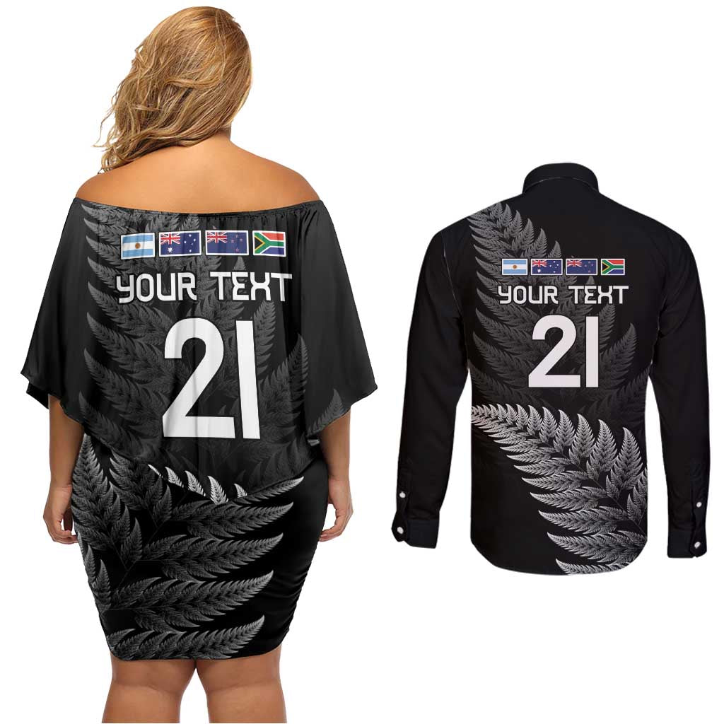 New Zealand Rugby Custom Couples Matching Off Shoulder Short Dress and Long Sleeve Button Shirt Glory Be To Black Silver-fern LT9 - Polynesian Pride