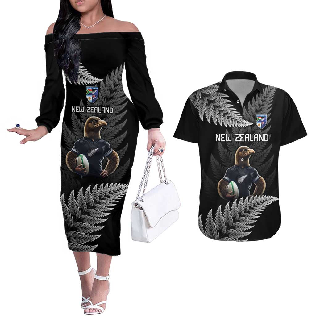 New Zealand Rugby Custom Couples Matching Off The Shoulder Long Sleeve Dress and Hawaiian Shirt Glory Be To Black Silver-fern LT9 Black - Polynesian Pride