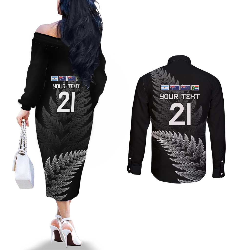New Zealand Rugby Custom Couples Matching Off The Shoulder Long Sleeve Dress and Long Sleeve Button Shirt Glory Be To Black Silver-fern LT9 - Polynesian Pride