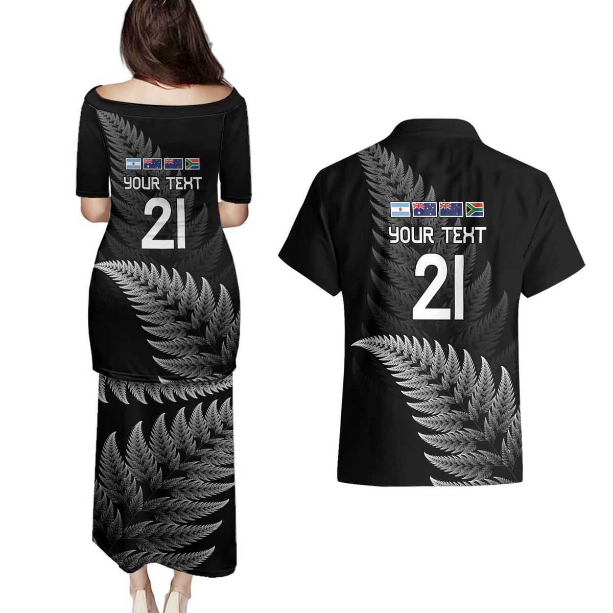 New Zealand Rugby Custom Couples Matching Puletasi and Hawaiian Shirt Glory Be To Black Silver-fern LT9 - Polynesian Pride