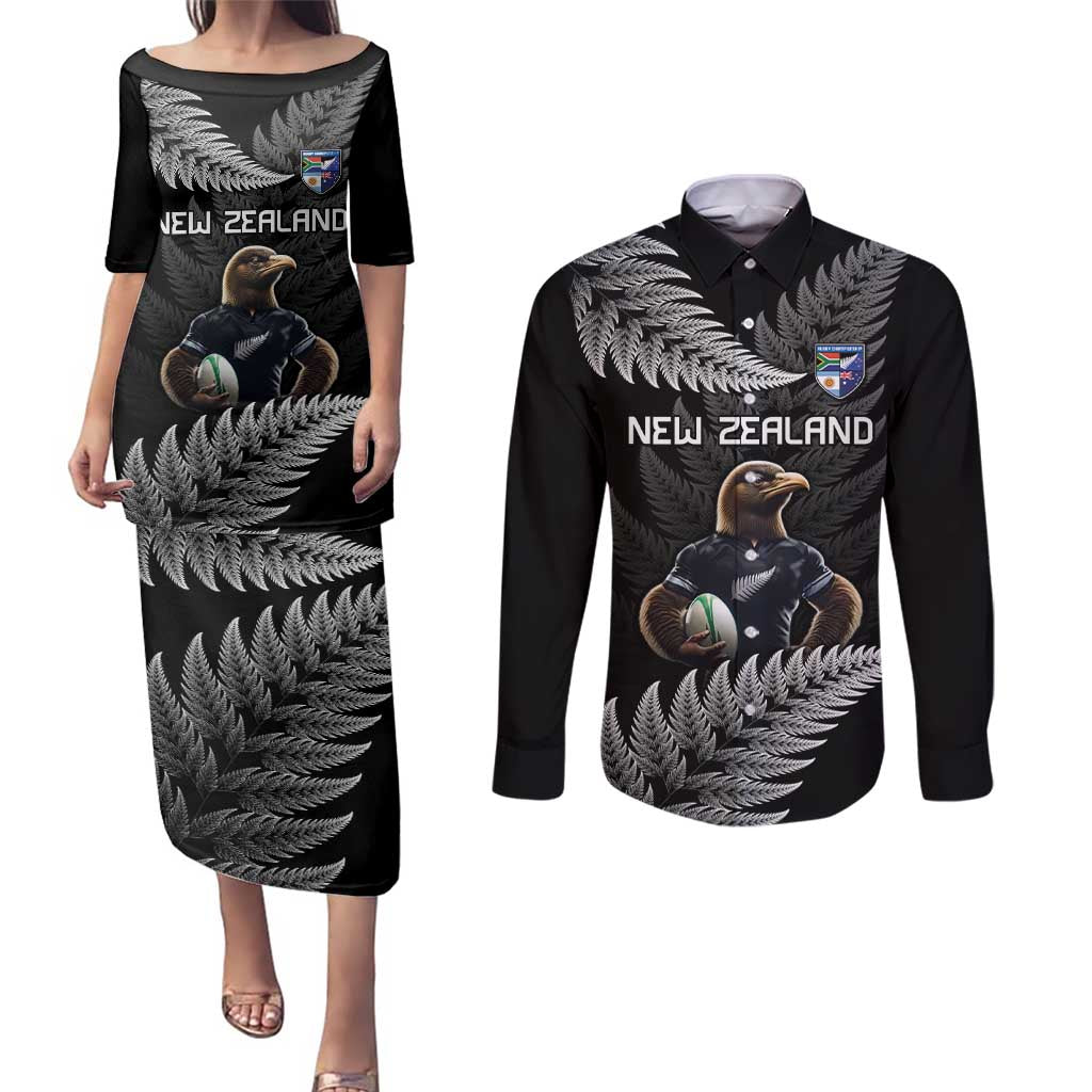 New Zealand Rugby Custom Couples Matching Puletasi and Long Sleeve Button Shirt Glory Be To Black Silver-fern LT9 Black - Polynesian Pride