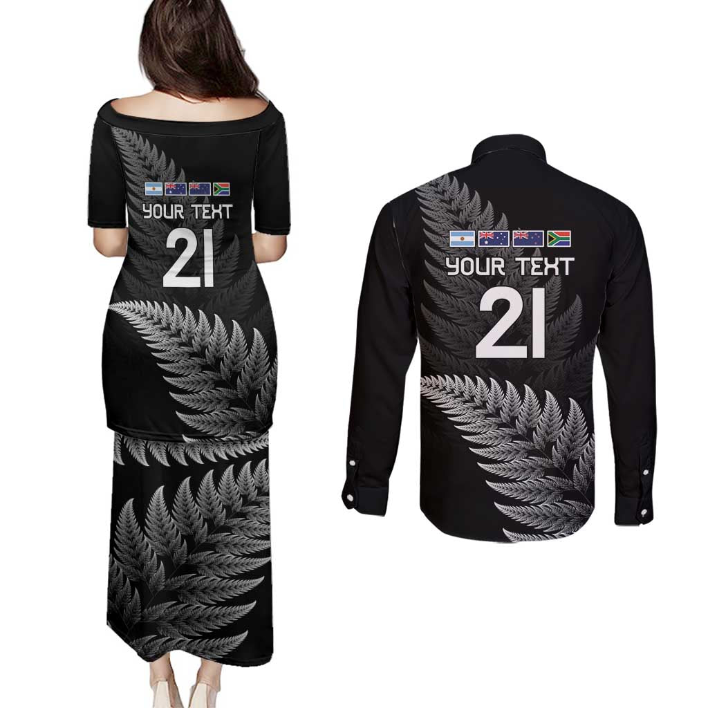 New Zealand Rugby Custom Couples Matching Puletasi and Long Sleeve Button Shirt Glory Be To Black Silver-fern LT9 - Polynesian Pride