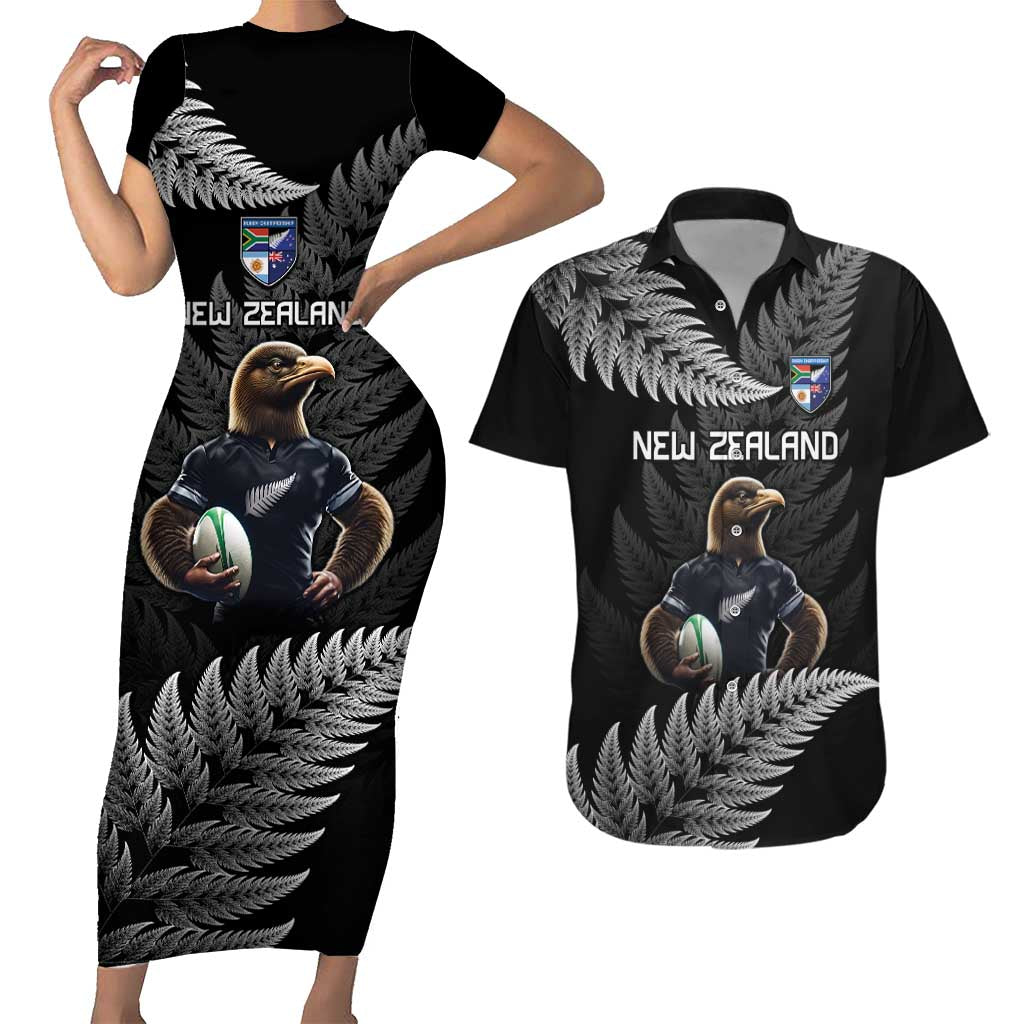 New Zealand Rugby Custom Couples Matching Short Sleeve Bodycon Dress and Hawaiian Shirt Glory Be To Black Silver-fern LT9 Black - Polynesian Pride