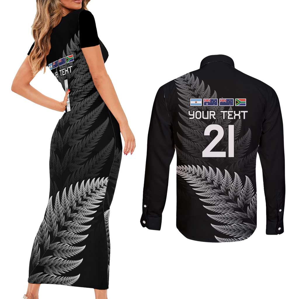 New Zealand Rugby Custom Couples Matching Short Sleeve Bodycon Dress and Long Sleeve Button Shirt Glory Be To Black Silver-fern LT9 - Polynesian Pride