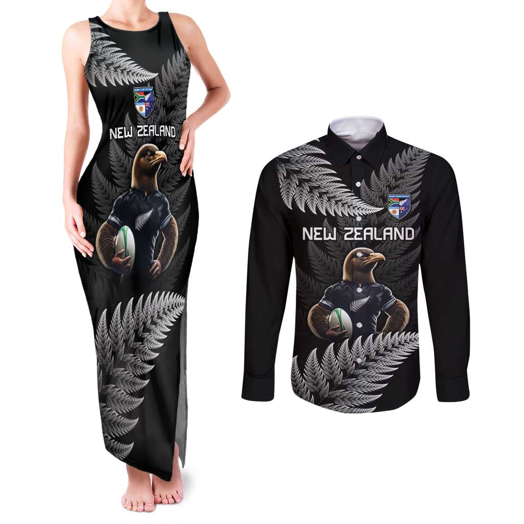 New Zealand Rugby Custom Couples Matching Tank Maxi Dress and Long Sleeve Button Shirt Glory Be To Black Silver-fern LT9 Black - Polynesian Pride