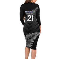 New Zealand Rugby Custom Family Matching Long Sleeve Bodycon Dress and Hawaiian Shirt Glory Be To Black Silver-fern LT9 - Polynesian Pride