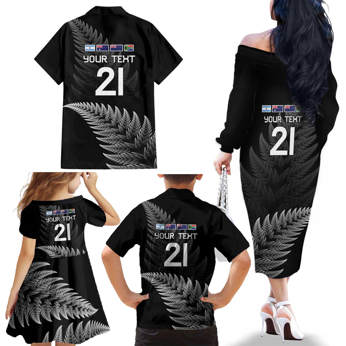 New Zealand Rugby Custom Family Matching Off The Shoulder Long Sleeve Dress and Hawaiian Shirt Glory Be To Black Silver-fern LT9 - Polynesian Pride