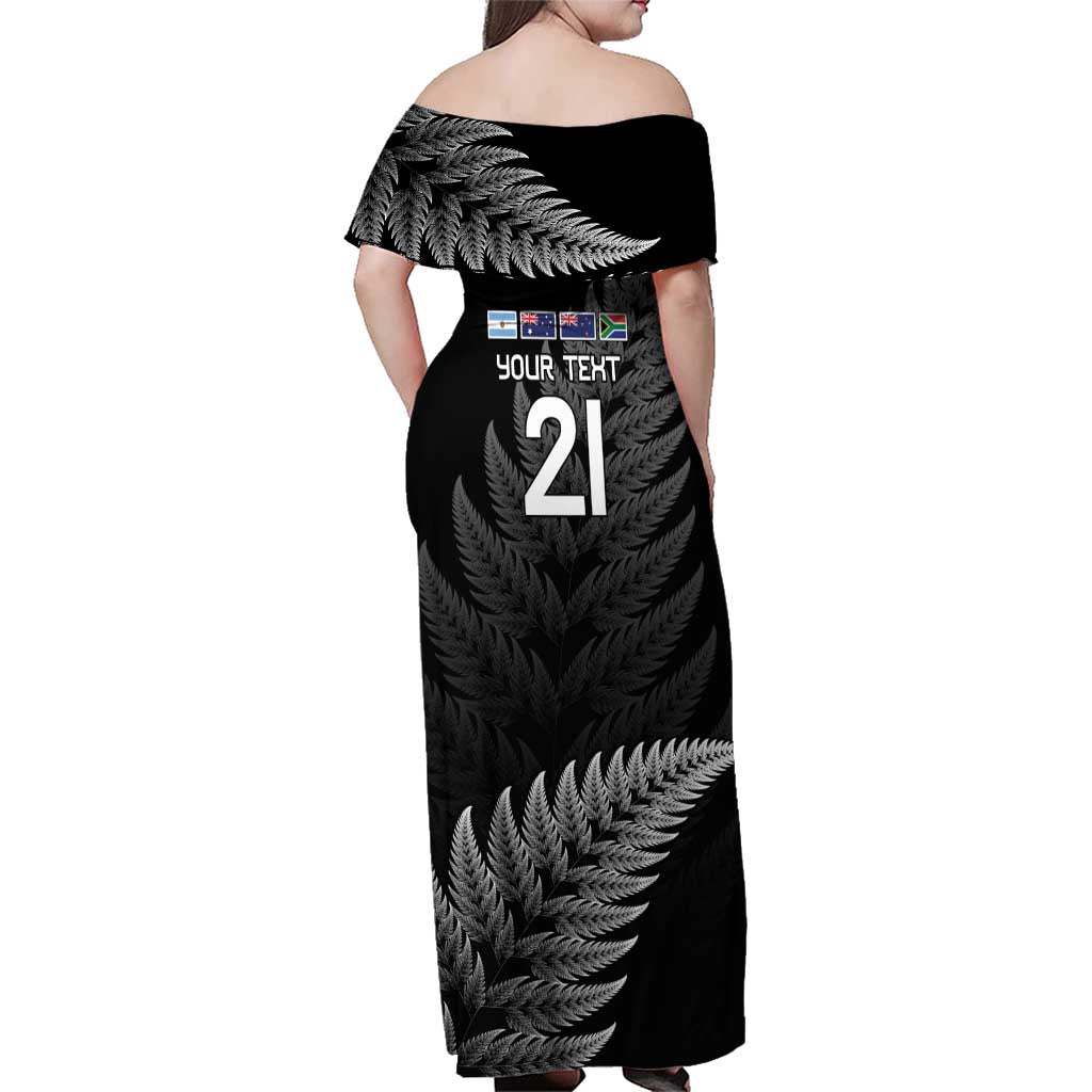 New Zealand Rugby Custom Family Matching Off Shoulder Maxi Dress and Hawaiian Shirt Glory Be To Black Silver-fern LT9 - Polynesian Pride