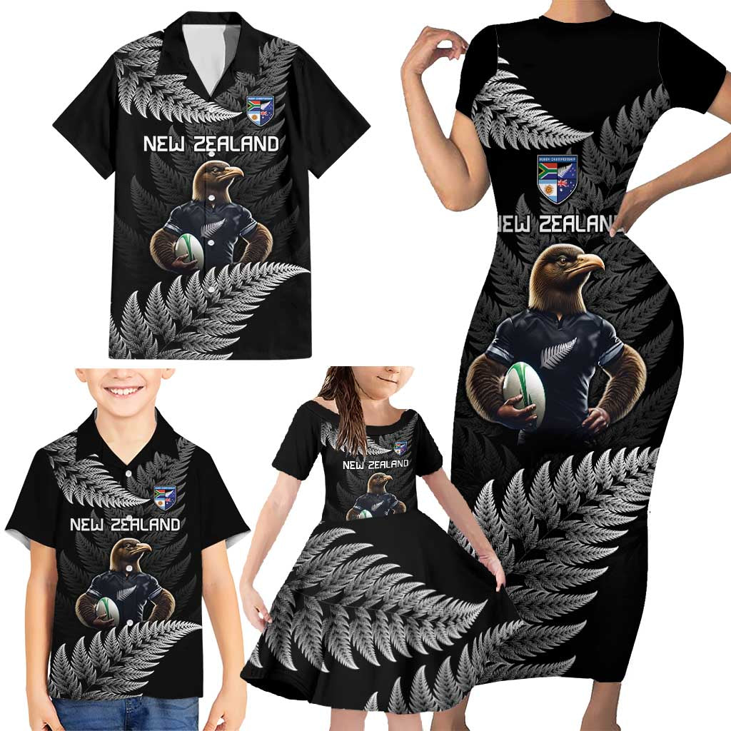 New Zealand Rugby Custom Family Matching Short Sleeve Bodycon Dress and Hawaiian Shirt Glory Be To Black Silver-fern LT9 - Polynesian Pride