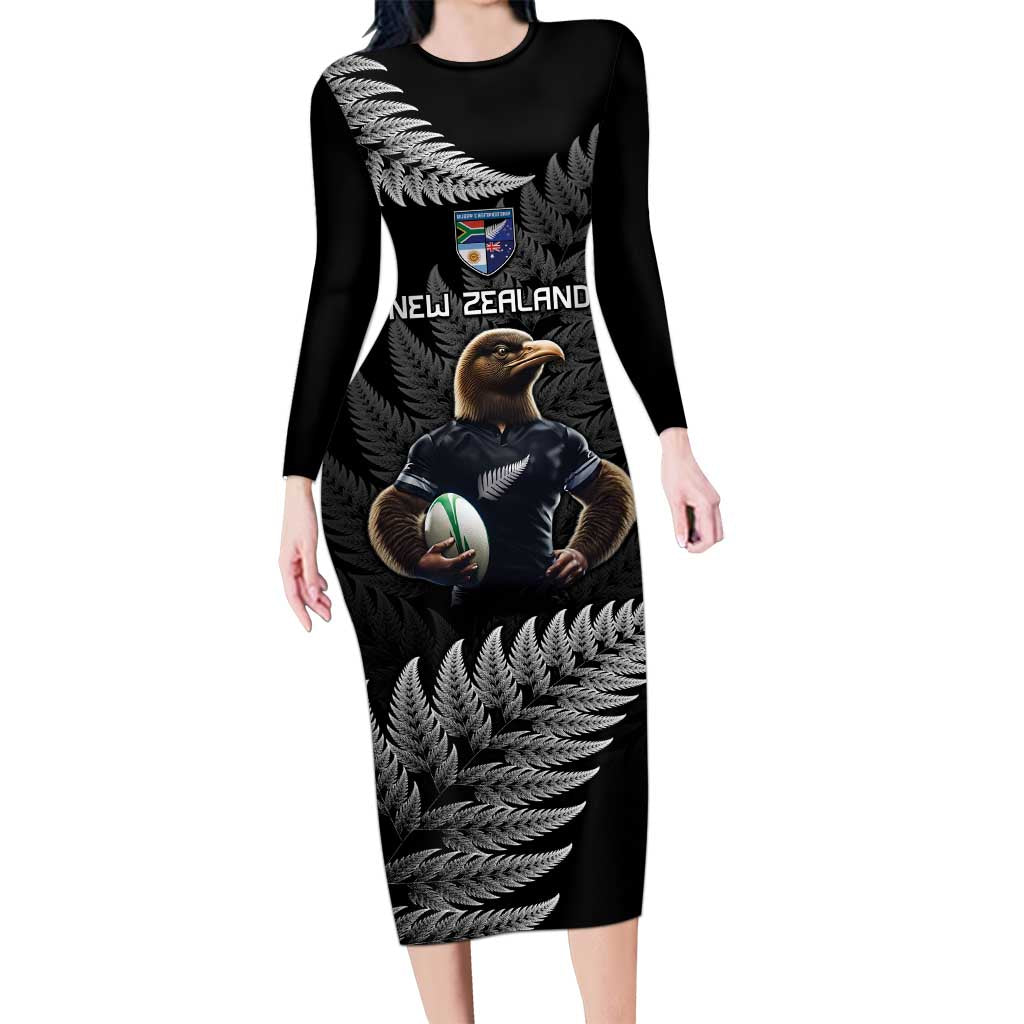 New Zealand Rugby Custom Long Sleeve Bodycon Dress Glory Be To Black Silver-fern LT9 Long Dress Black - Polynesian Pride