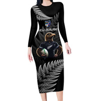 New Zealand Rugby Custom Long Sleeve Bodycon Dress Glory Be To Black Silver-fern LT9 Long Dress Black - Polynesian Pride