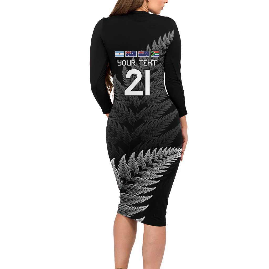 New Zealand Rugby Custom Long Sleeve Bodycon Dress Glory Be To Black Silver-fern LT9 - Polynesian Pride