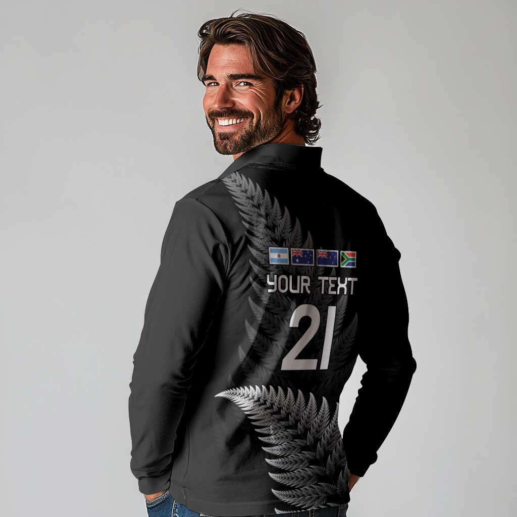New Zealand Rugby Custom Long Sleeve Polo Shirt Glory Be To Black Silver-fern - Polynesian Pride