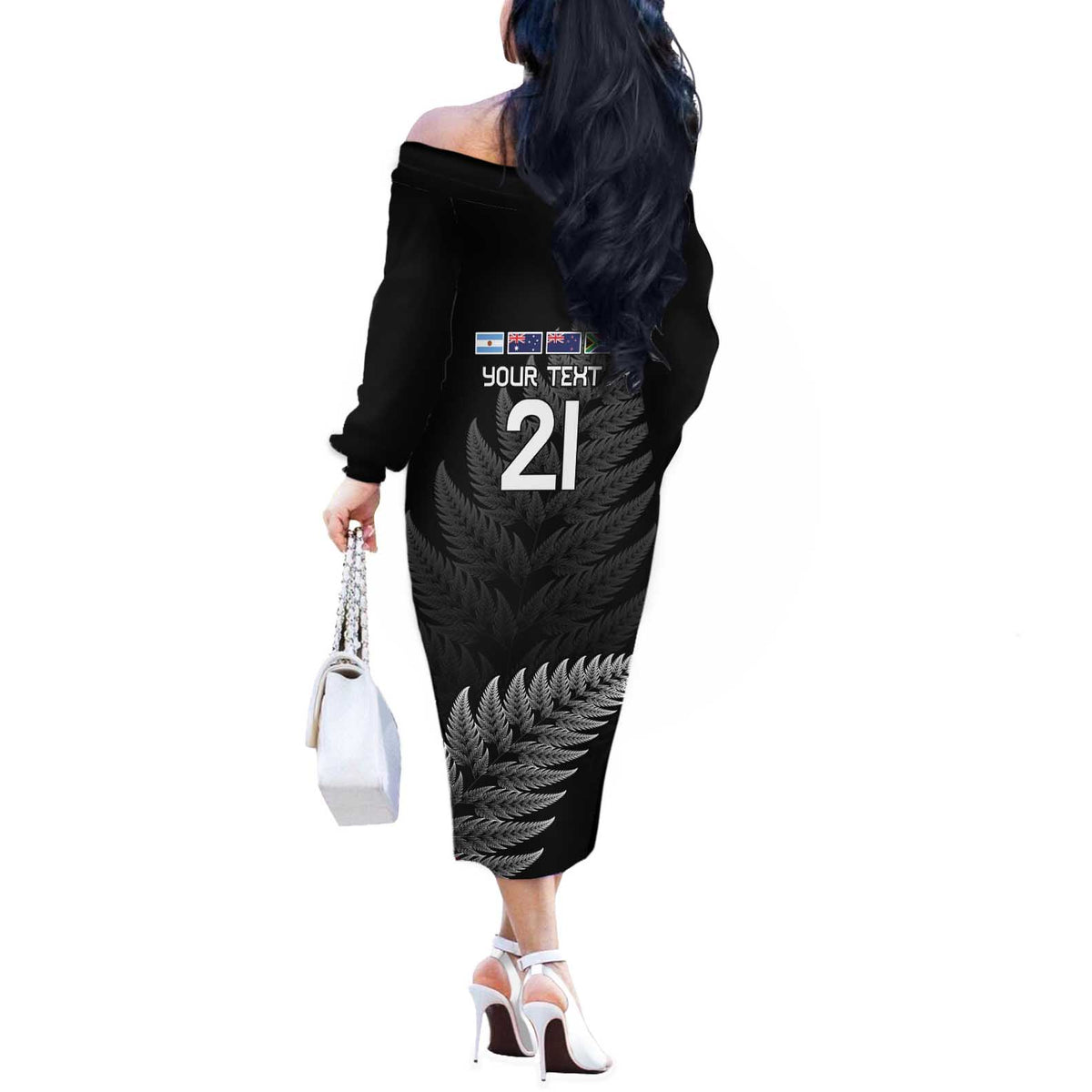 New Zealand Rugby Custom Off The Shoulder Long Sleeve Dress Glory Be To Black Silver-fern LT9 - Polynesian Pride