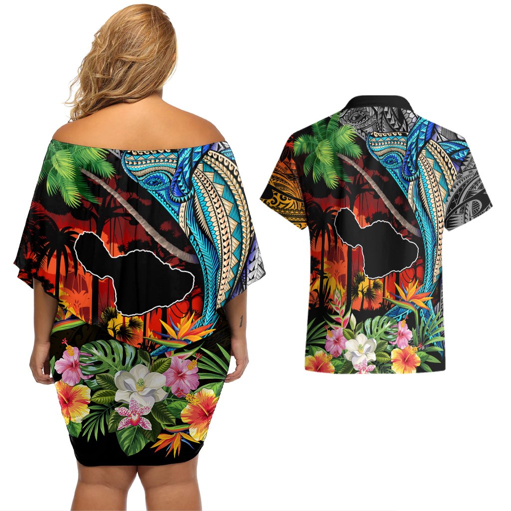 Hawaii Strong Maui Wildfire Couples Matching Off Shoulder Short Dress and Hawaiian Shirt Pray For Lahaina Maui LT9 - Polynesian Pride
