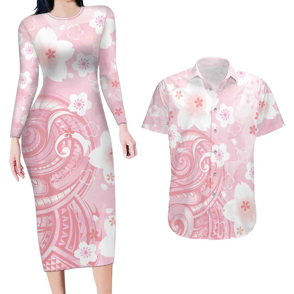 Japan Sakura Floral with Polynesian Vibe Couples Matching Long Sleeve Bodycon Dress and Hawaiian Shirt LT9 Pink - Polynesian Pride