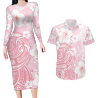Japan Sakura Floral with Polynesian Vibe Couples Matching Long Sleeve Bodycon Dress and Hawaiian Shirt LT9 Pink - Polynesian Pride