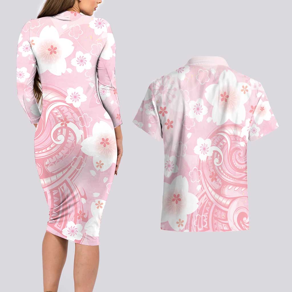 Japan Sakura Floral with Polynesian Vibe Couples Matching Long Sleeve Bodycon Dress and Hawaiian Shirt LT9 - Polynesian Pride