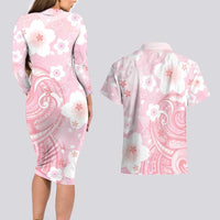 Japan Sakura Floral with Polynesian Vibe Couples Matching Long Sleeve Bodycon Dress and Hawaiian Shirt LT9 - Polynesian Pride
