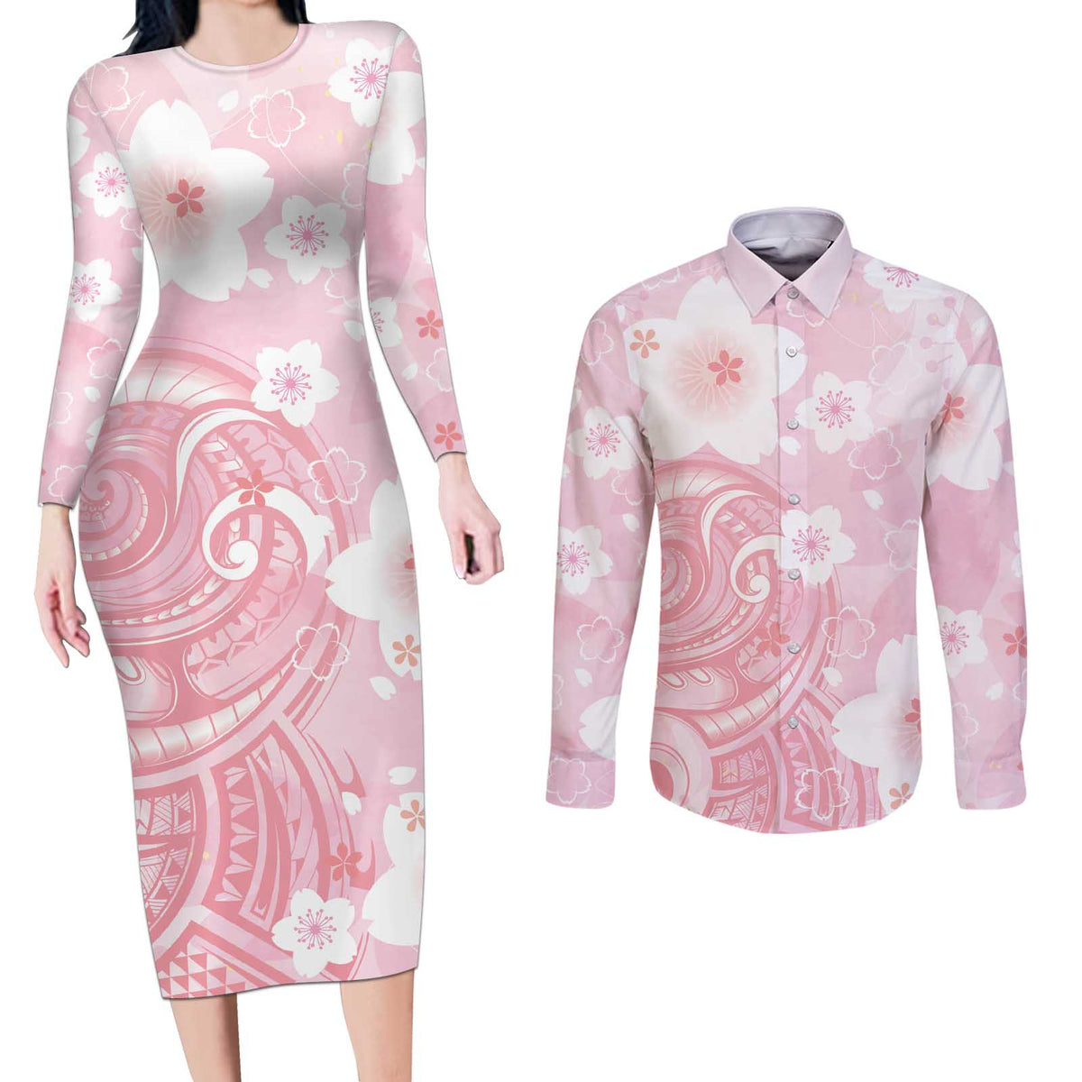 Japan Sakura Floral with Polynesian Vibe Couples Matching Long Sleeve Bodycon Dress and Long Sleeve Button Shirt LT9 Pink - Polynesian Pride