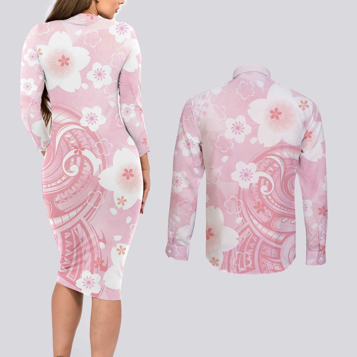 Japan Sakura Floral with Polynesian Vibe Couples Matching Long Sleeve Bodycon Dress and Long Sleeve Button Shirt LT9 - Polynesian Pride