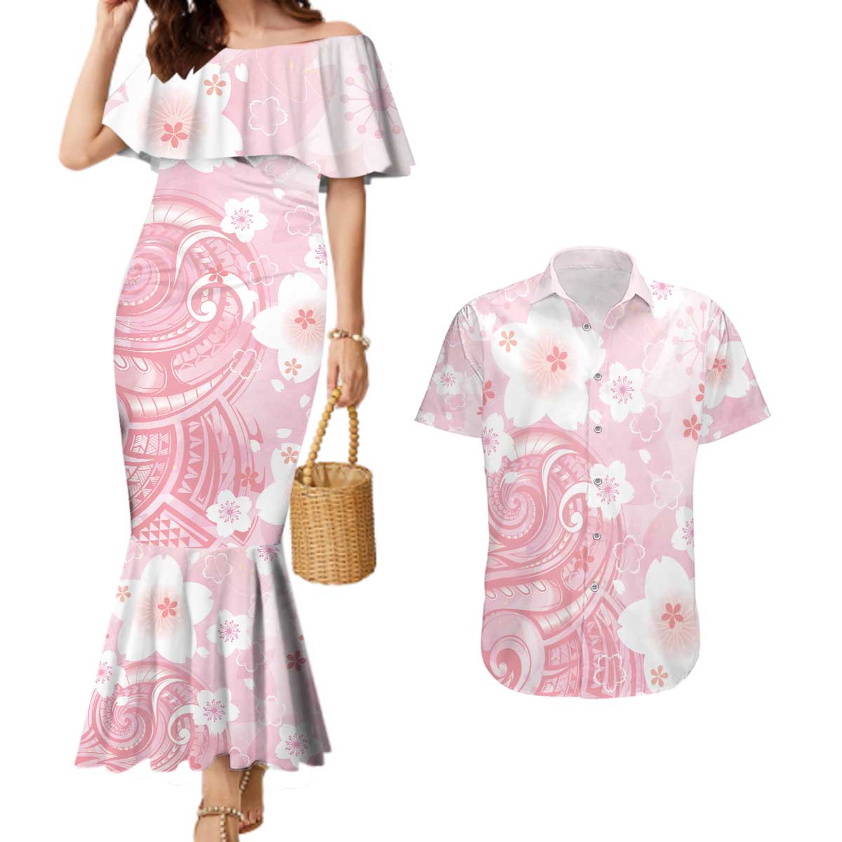 Japan Sakura Floral with Polynesian Vibe Couples Matching Mermaid Dress and Hawaiian Shirt LT9 Pink - Polynesian Pride