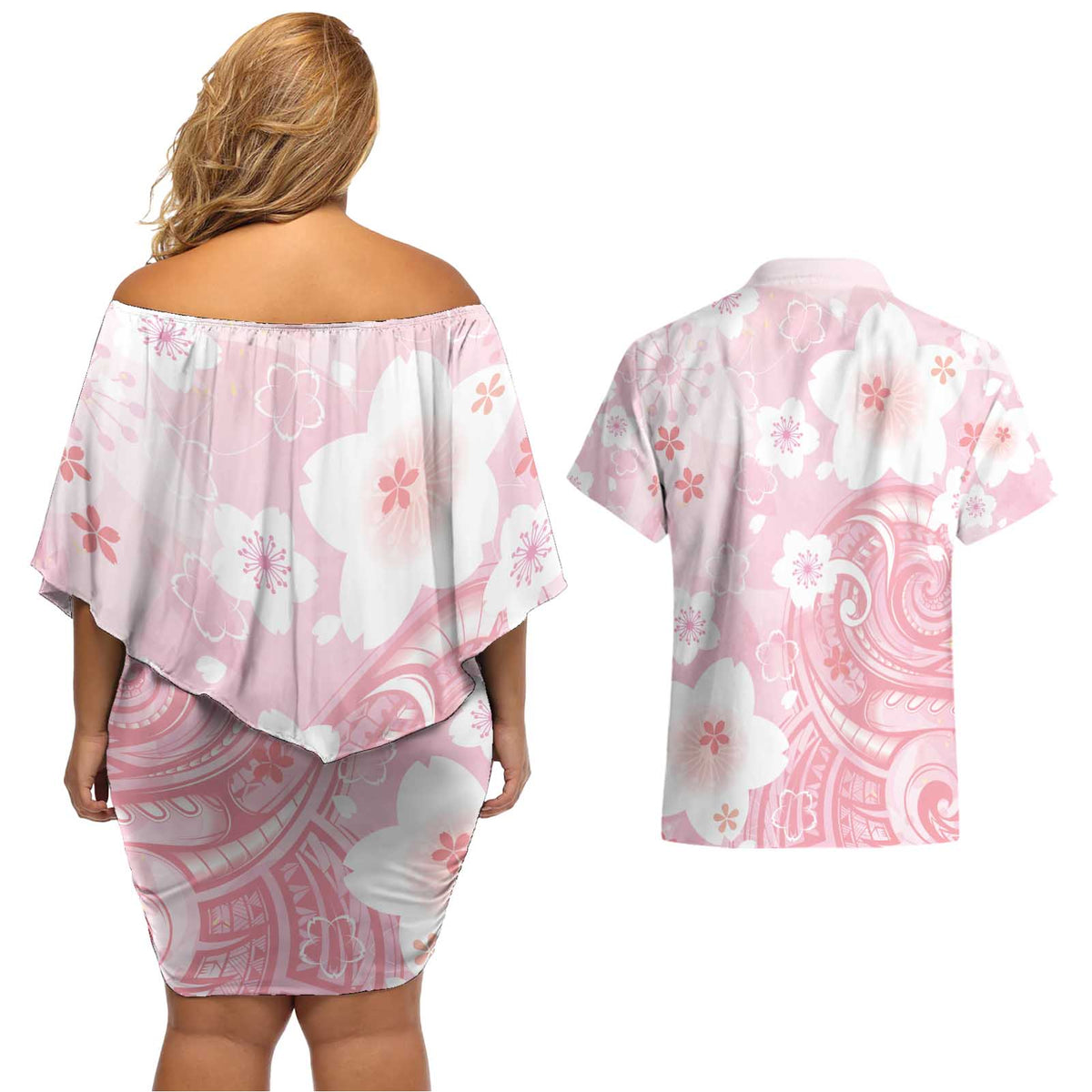 Japan Sakura Floral with Polynesian Vibe Couples Matching Off Shoulder Short Dress and Hawaiian Shirt LT9 - Polynesian Pride