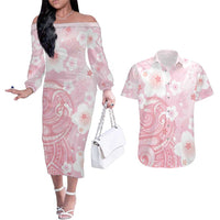 Japan Sakura Floral with Polynesian Vibe Couples Matching Off The Shoulder Long Sleeve Dress and Hawaiian Shirt LT9 Pink - Polynesian Pride