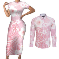 Japan Sakura Floral with Polynesian Vibe Couples Matching Short Sleeve Bodycon Dress and Long Sleeve Button Shirt LT9 Pink - Polynesian Pride