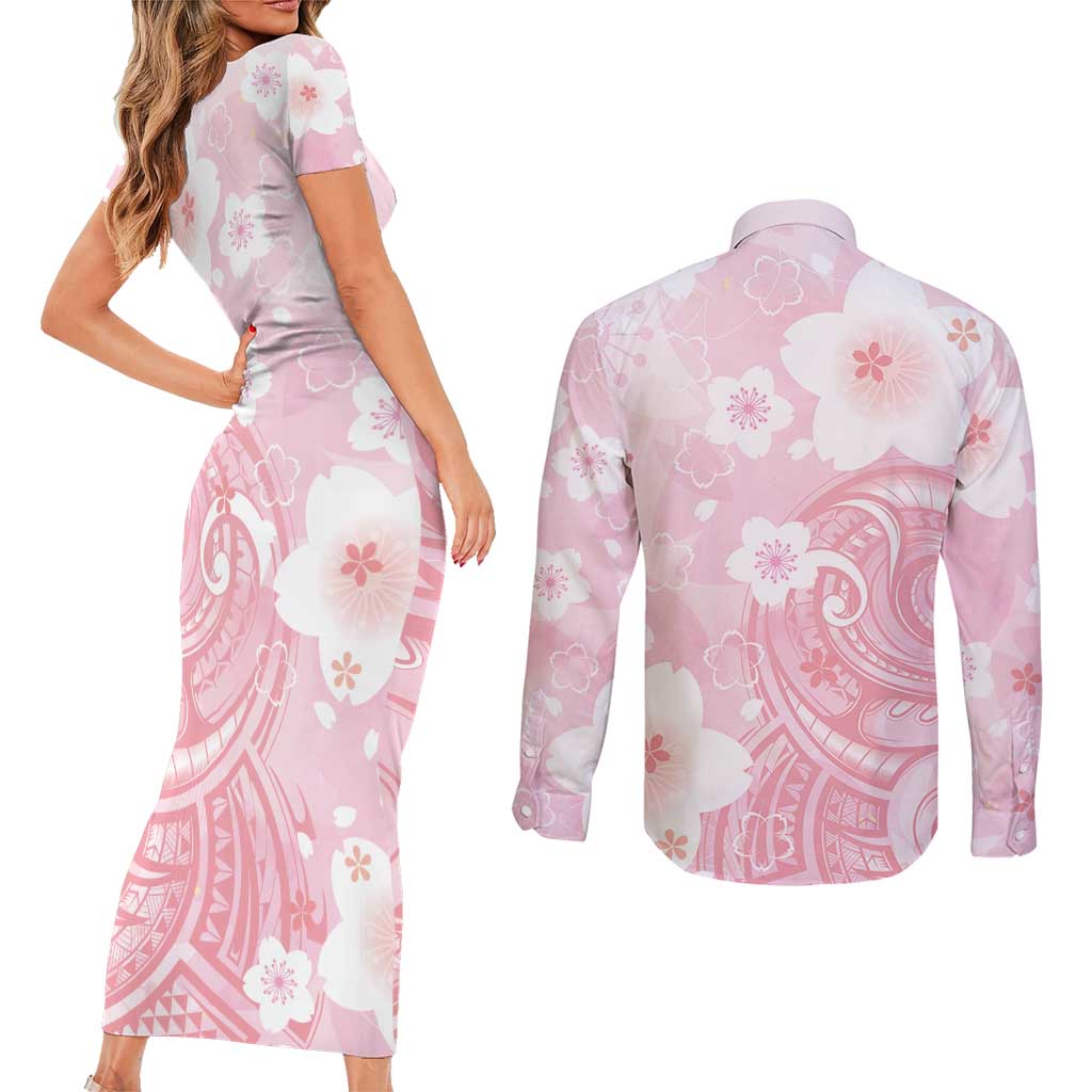 Japan Sakura Floral with Polynesian Vibe Couples Matching Short Sleeve Bodycon Dress and Long Sleeve Button Shirt LT9 - Polynesian Pride