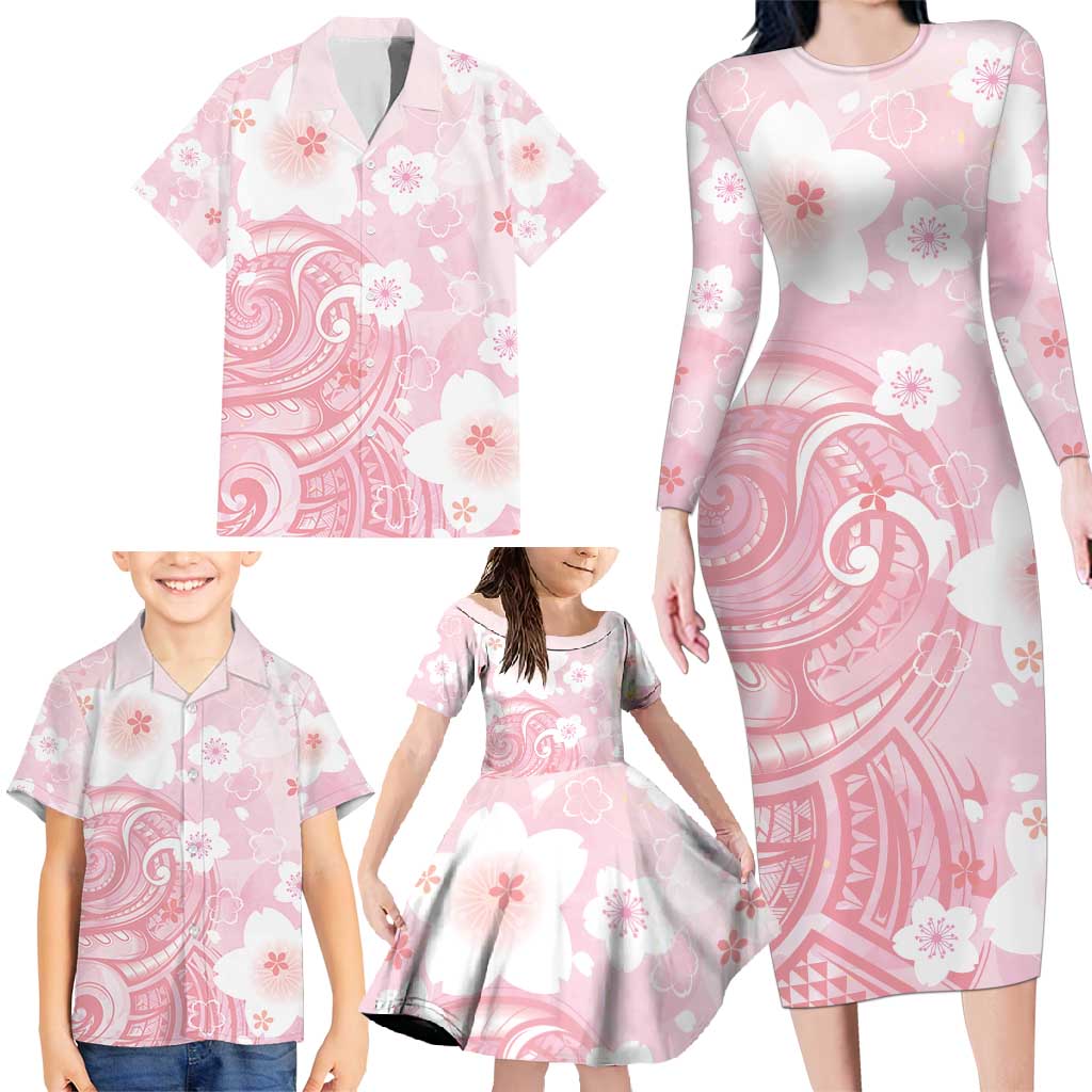 Japan Sakura Floral with Polynesian Vibe Family Matching Long Sleeve Bodycon Dress and Hawaiian Shirt LT9 - Polynesian Pride