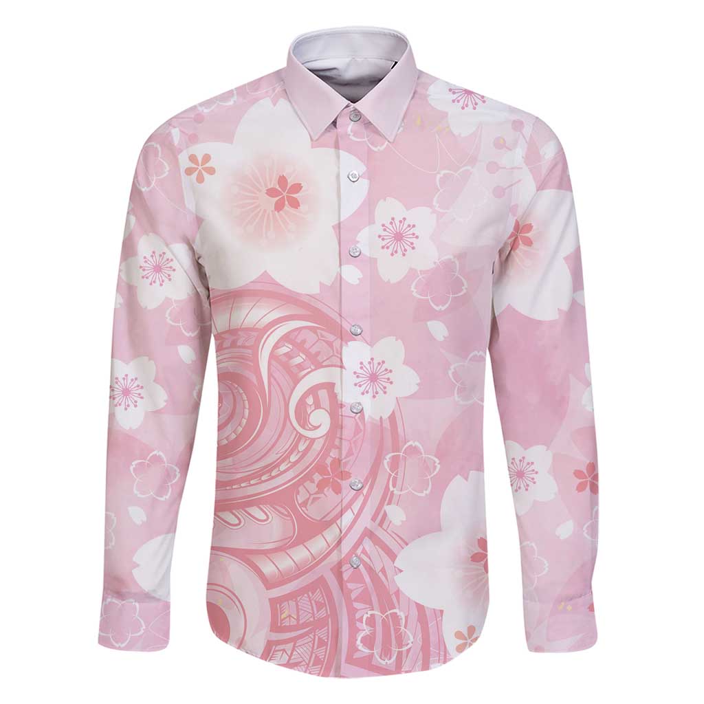 Japan Sakura Floral with Polynesian Vibe Family Matching Off Shoulder Maxi Dress and Hawaiian Shirt LT9 Dad's Shirt - Long Sleeve Pink - Polynesian Pride