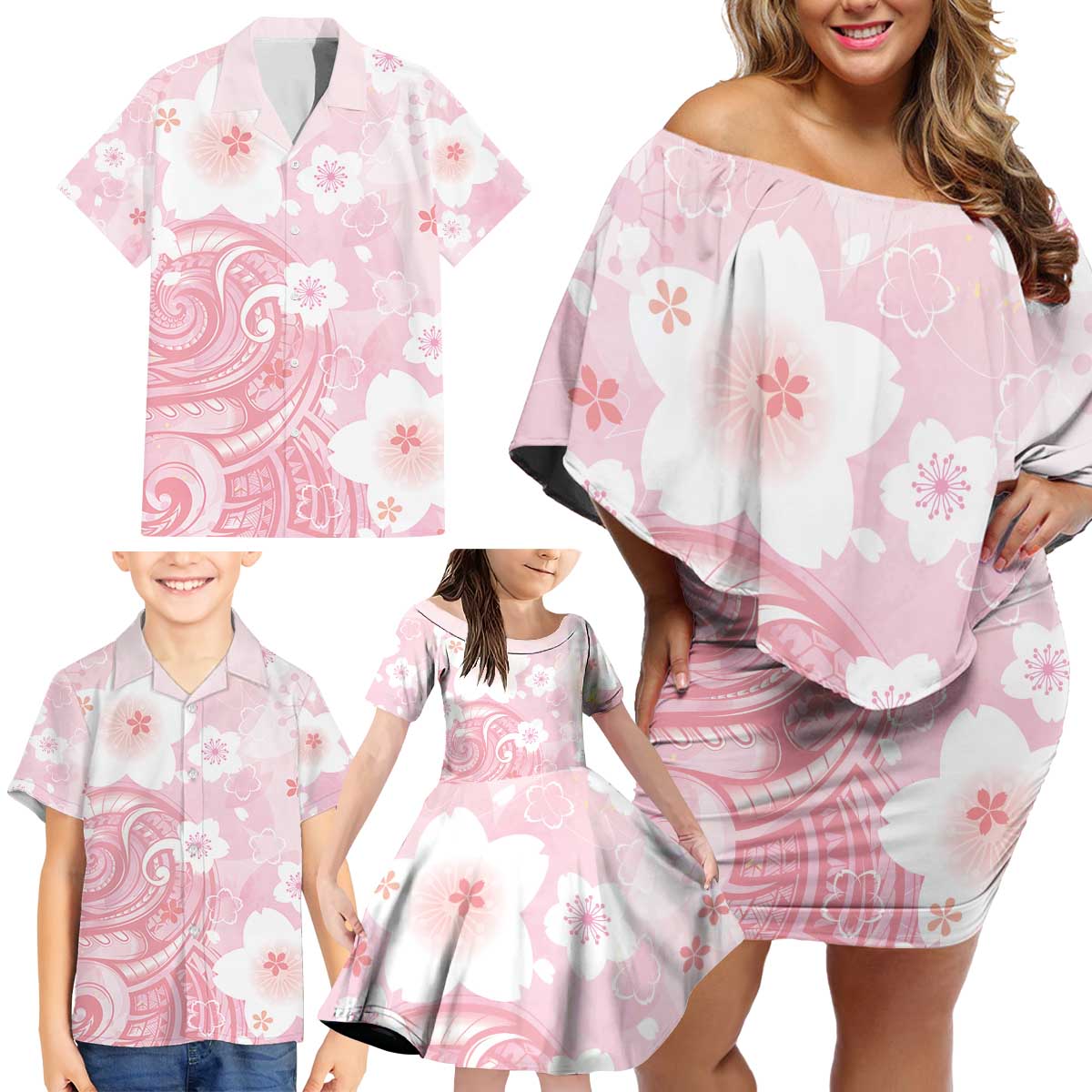 Japan Sakura Floral with Polynesian Vibe Family Matching Off Shoulder Short Dress and Hawaiian Shirt LT9 - Polynesian Pride