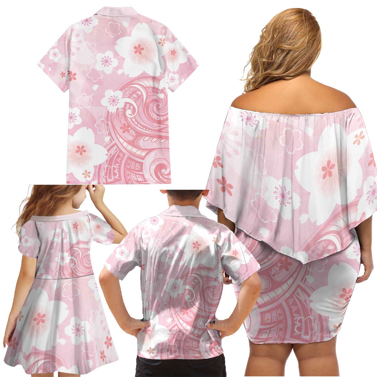 Japan Sakura Floral with Polynesian Vibe Family Matching Off Shoulder Short Dress and Hawaiian Shirt LT9 - Polynesian Pride