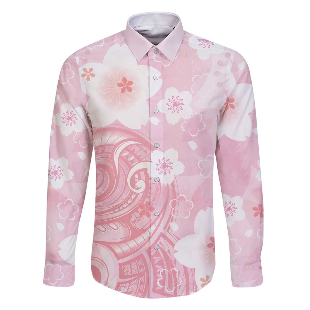 Japan Sakura Floral with Polynesian Vibe Family Matching Off Shoulder Short Dress and Hawaiian Shirt LT9 Dad's Shirt - Long Sleeve Pink - Polynesian Pride