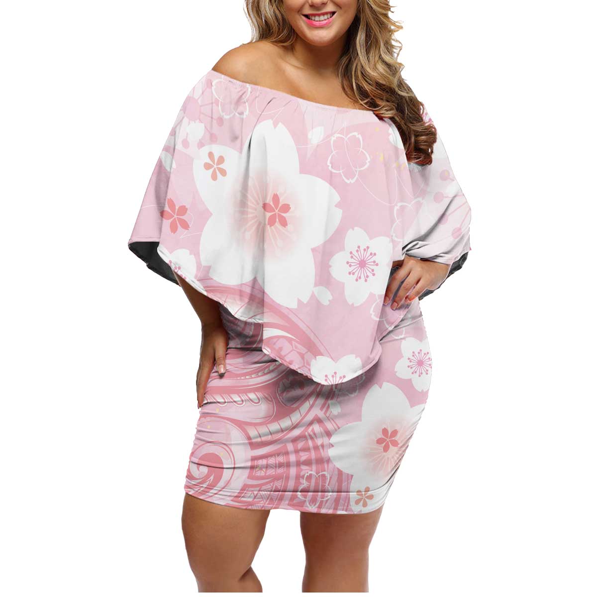 Japan Sakura Floral with Polynesian Vibe Family Matching Off Shoulder Short Dress and Hawaiian Shirt LT9 Mom's Dress Pink - Polynesian Pride