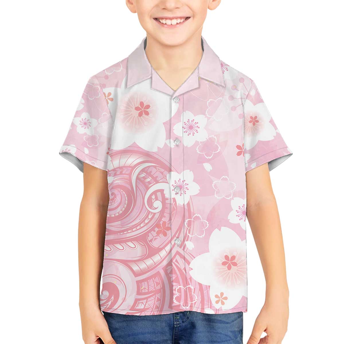 Japan Sakura Floral with Polynesian Vibe Family Matching Off Shoulder Short Dress and Hawaiian Shirt LT9 Son's Shirt Pink - Polynesian Pride