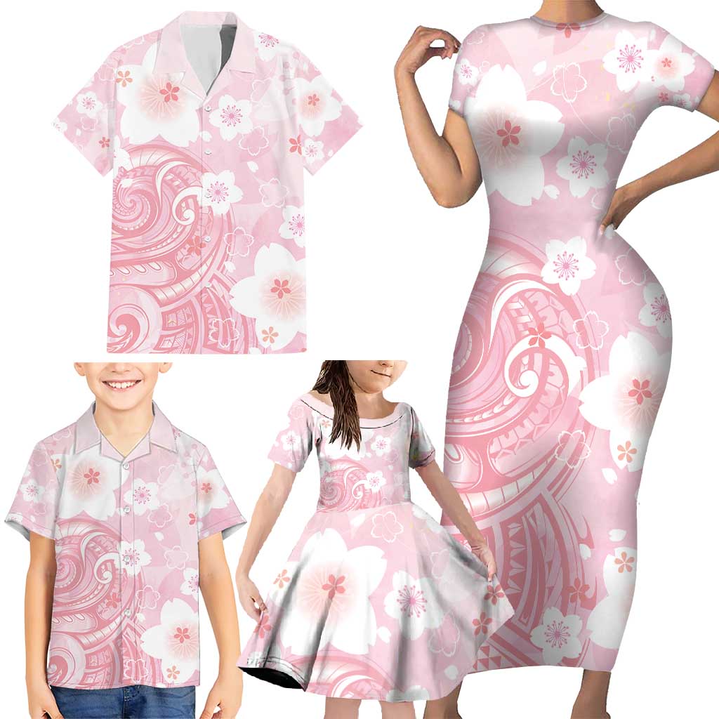 Japan Sakura Floral with Polynesian Vibe Family Matching Short Sleeve Bodycon Dress and Hawaiian Shirt LT9 - Polynesian Pride
