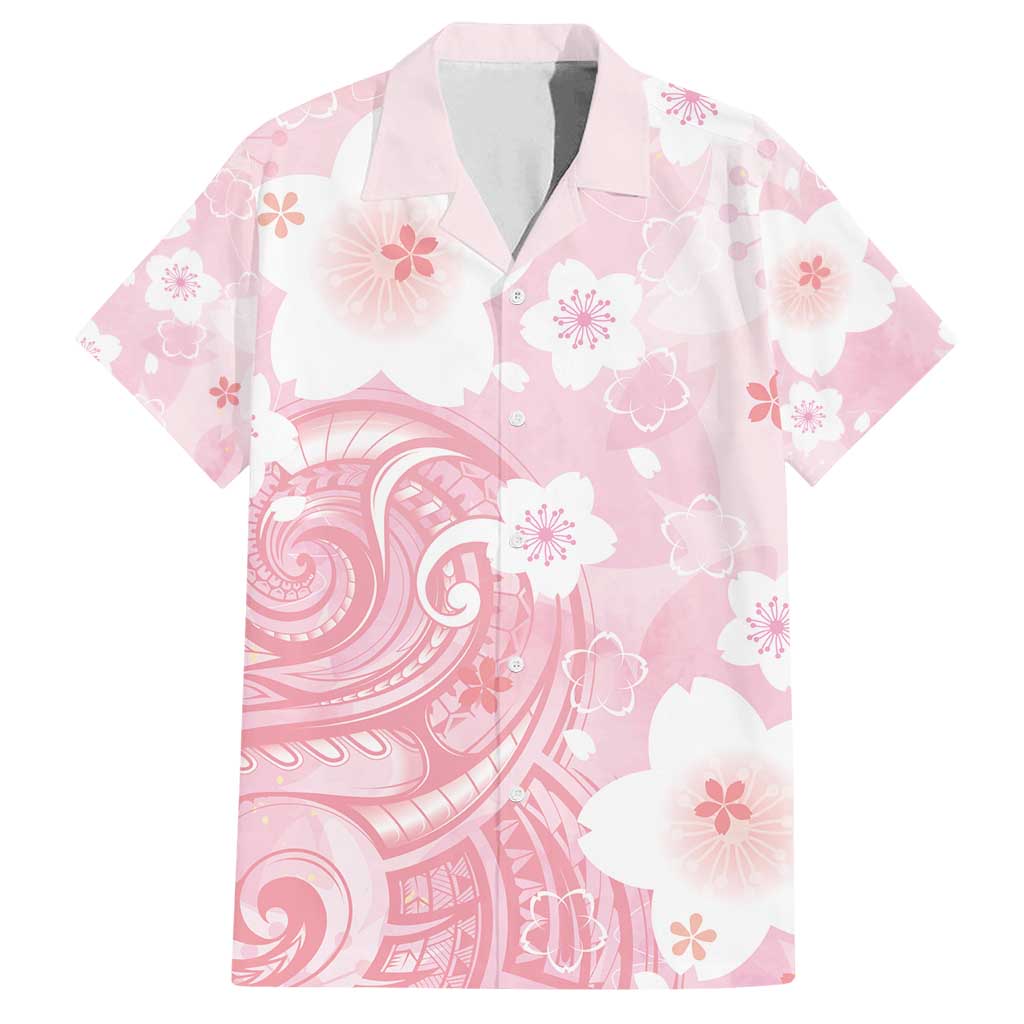 Japan Sakura Floral with Polynesian Vibe Family Matching Tank Maxi Dress and Hawaiian Shirt LT9 Dad's Shirt - Short Sleeve Pink - Polynesian Pride