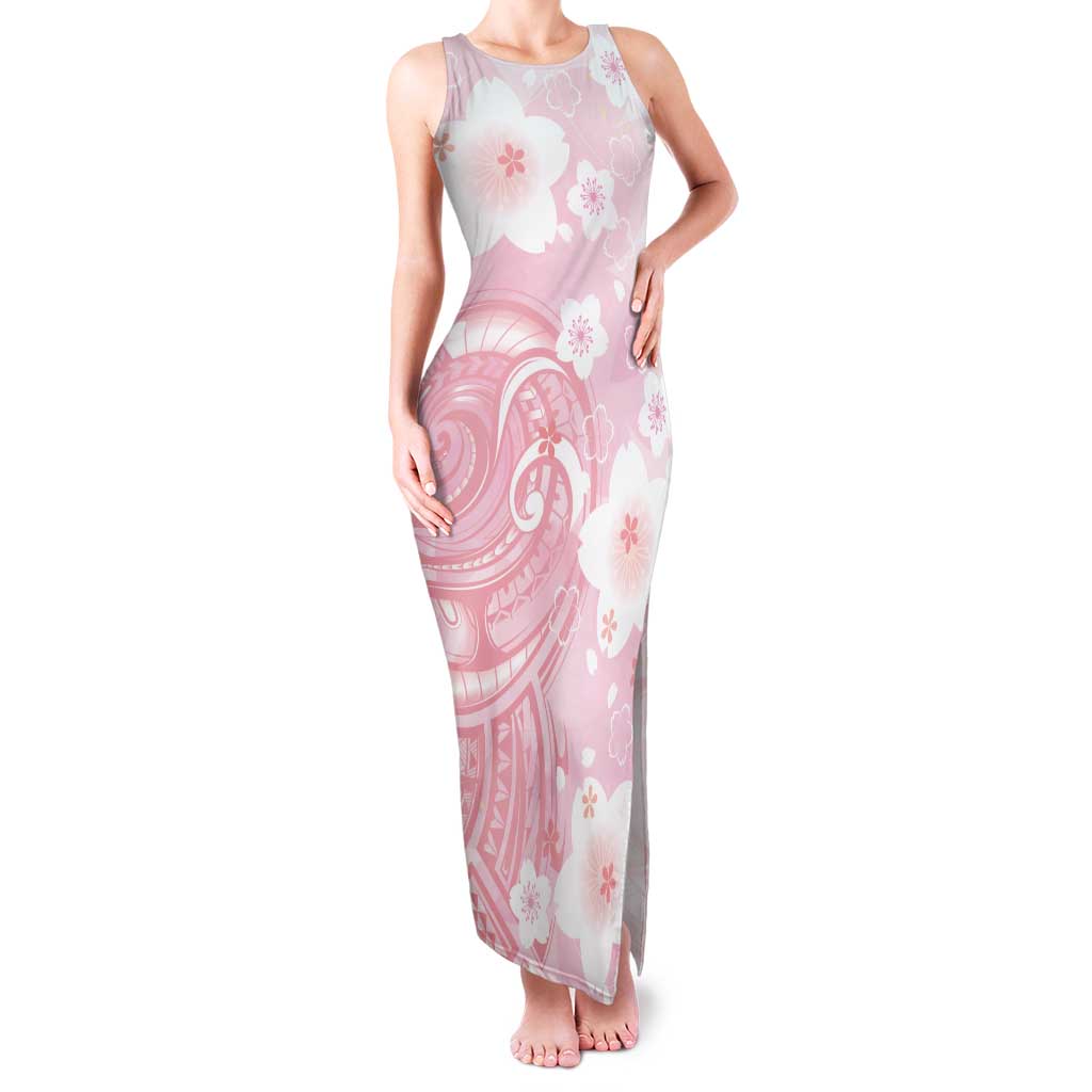 Japan Sakura Floral with Polynesian Vibe Family Matching Tank Maxi Dress and Hawaiian Shirt LT9 Mom's Dress Pink - Polynesian Pride