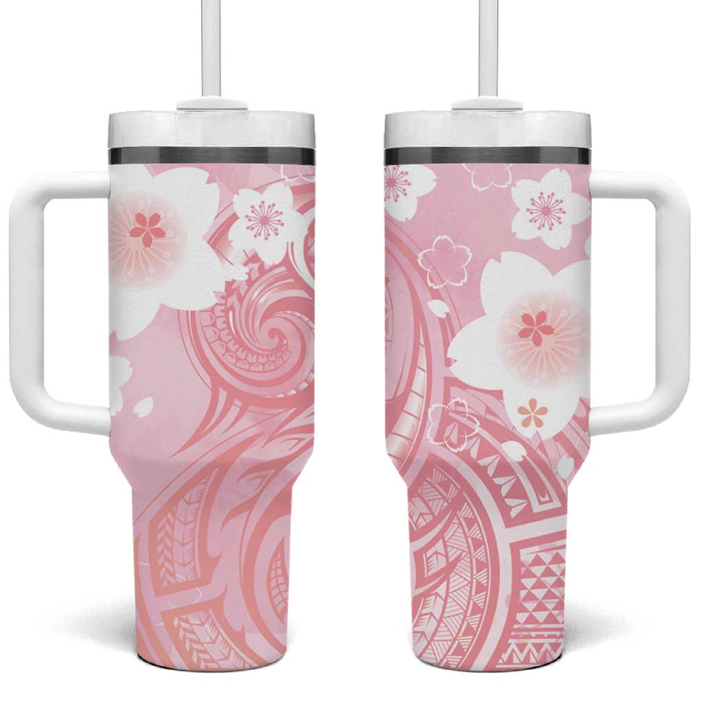 Japan Sakura Floral with Polynesian Vibe Tumbler With Handle LT9 One Size: 40 oz Pink - Polynesian Pride