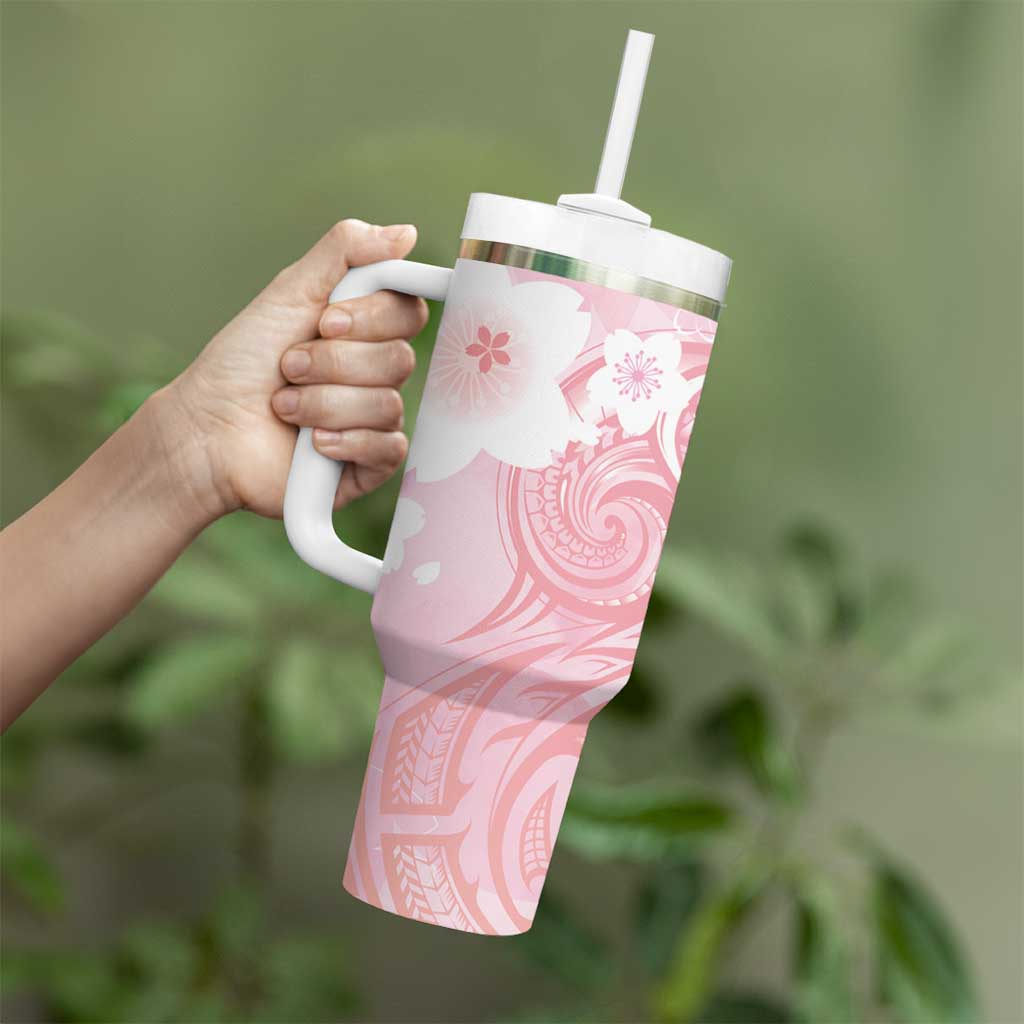 Japan Sakura Floral with Polynesian Vibe Tumbler With Handle LT9 - Polynesian Pride